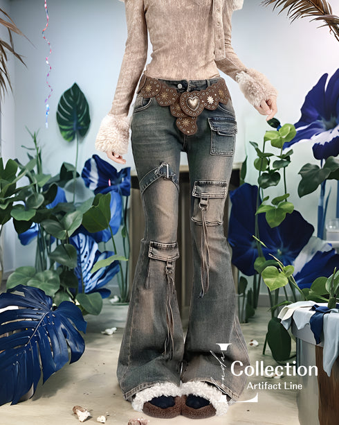Vintage Washed Strap Denim Pants